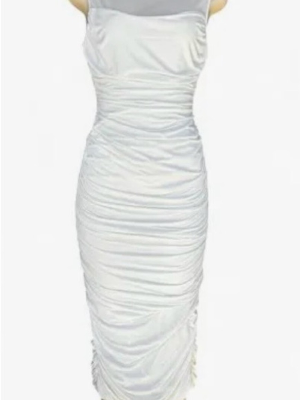 Mesh Shoulder White Ruched Long Formal Dress